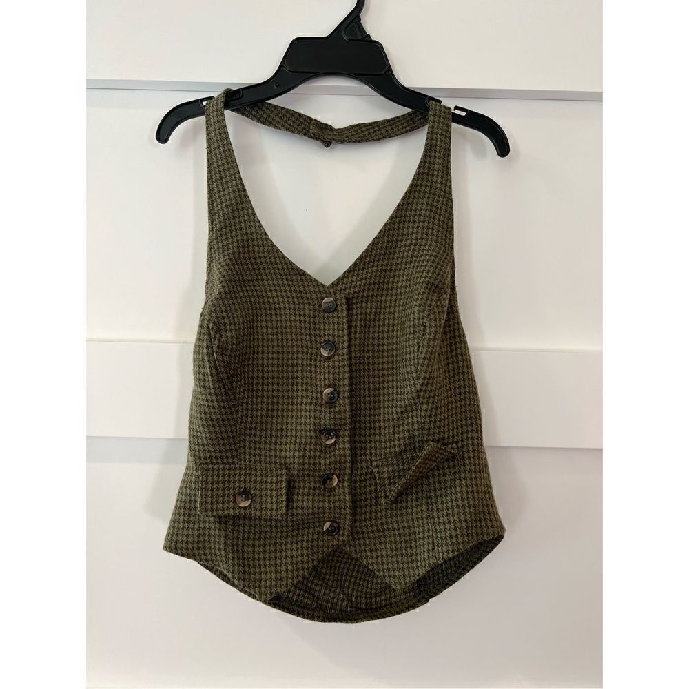 Vintage Miss Chievous Green Plaid Halter Style Button Up Top